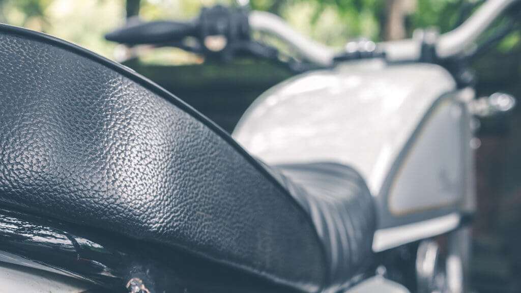 Close-up of a black motorcycle seat