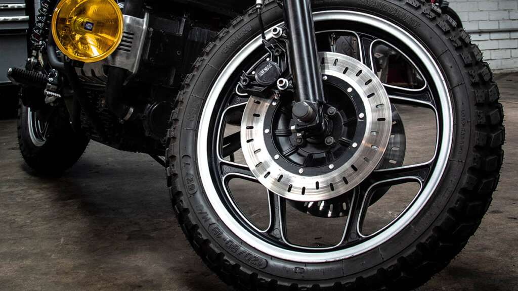 Front wheel of a motorcycle parked