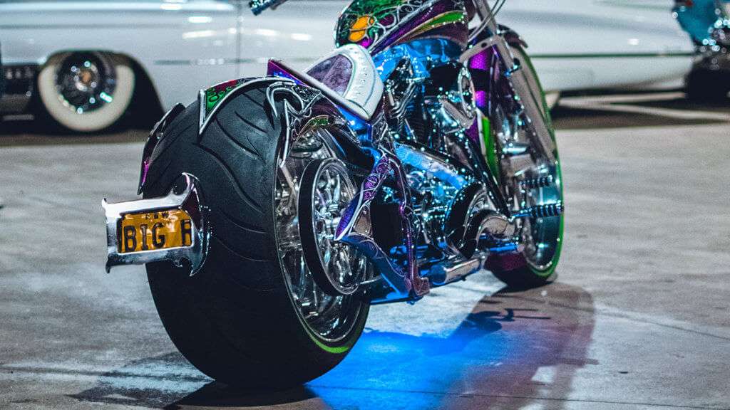 Custom motorcycle with a wide back tire