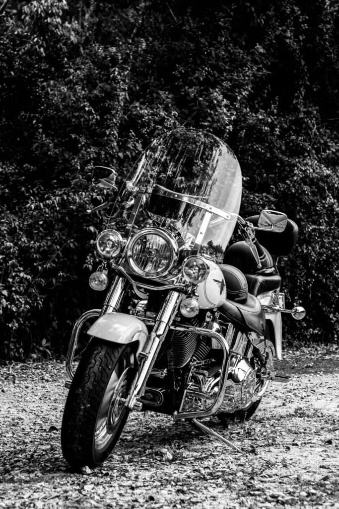 Grayscale photo of motorcycle parked near trees