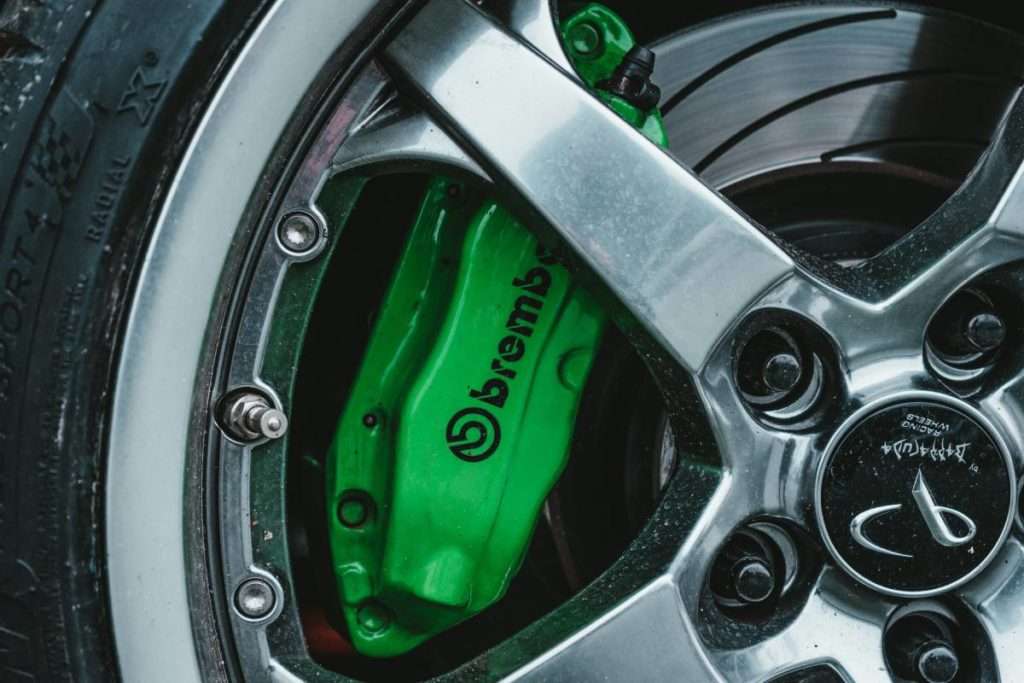 Close-up of a car brembo break disc and caliper 