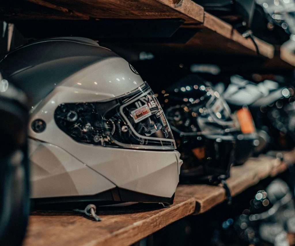 New motorcycle helmets in a store