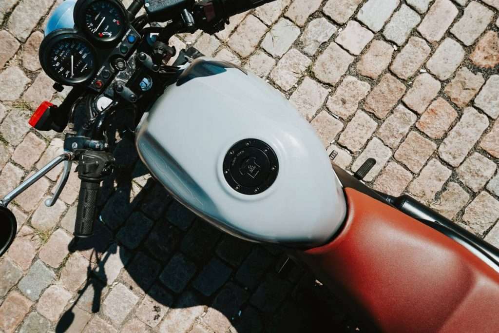 Motorcycle white fuel tank shot from above